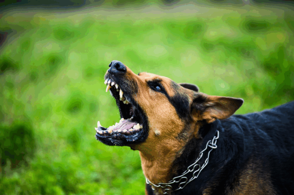 Dog barking with chain on collar