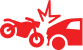 Red icon of a motorcycle colliding with a car representing motorcycle accident litigation.