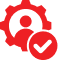 Red gear icon with a person silhouette and a verification checkmark.