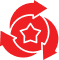 Red icon with three circular arrows around a star representing a cycle of excellence.